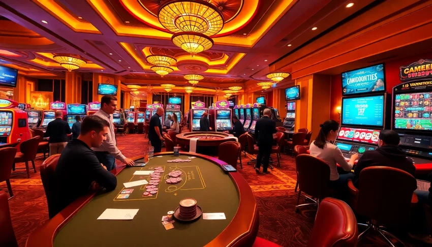 gamebaidoithuong excitement captured as players enjoy vibrant casino activities with tables, cards, and slot machines.
